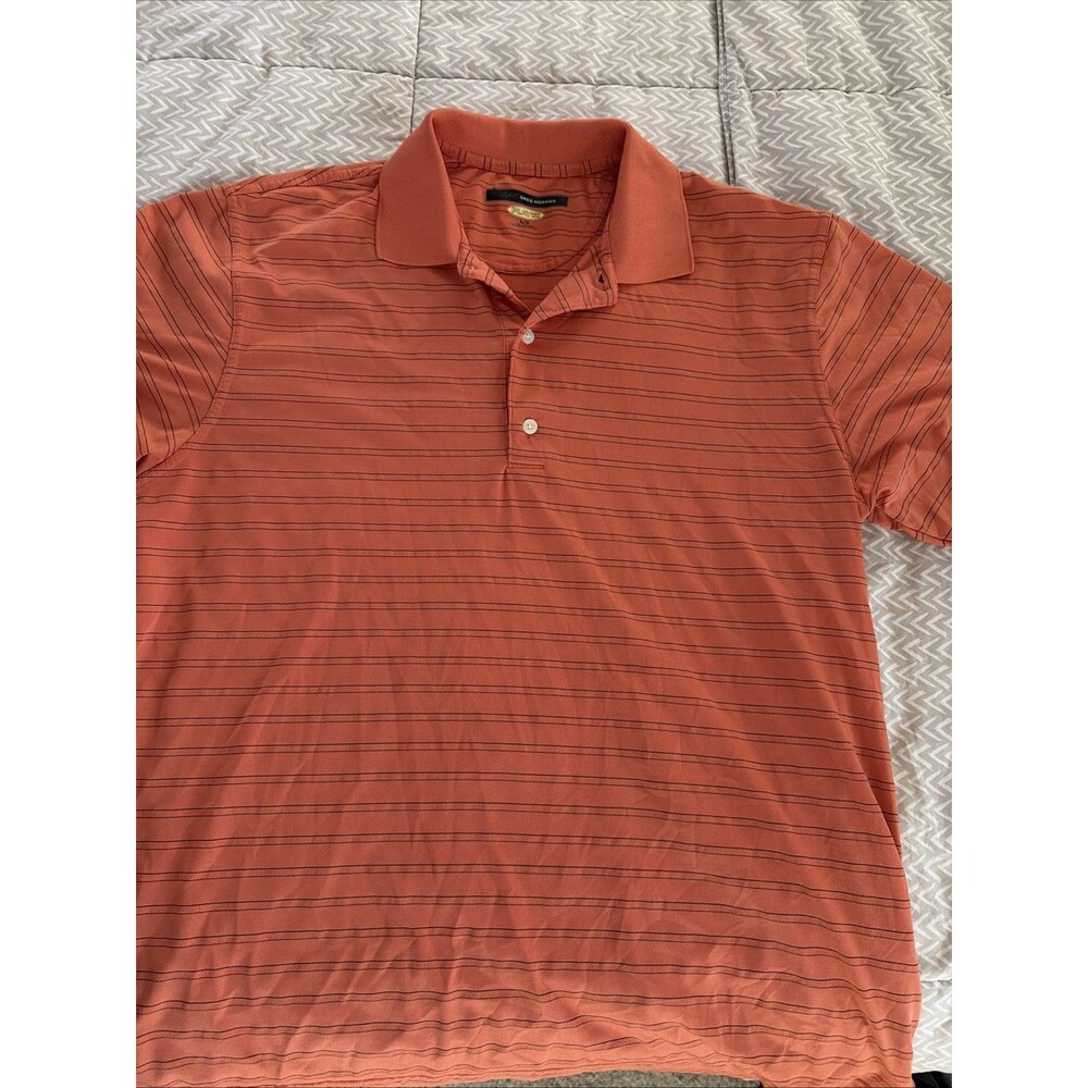 Greg Norman Men's Orange Striped Collared Play Dry Golf Polo Shirt Size Large